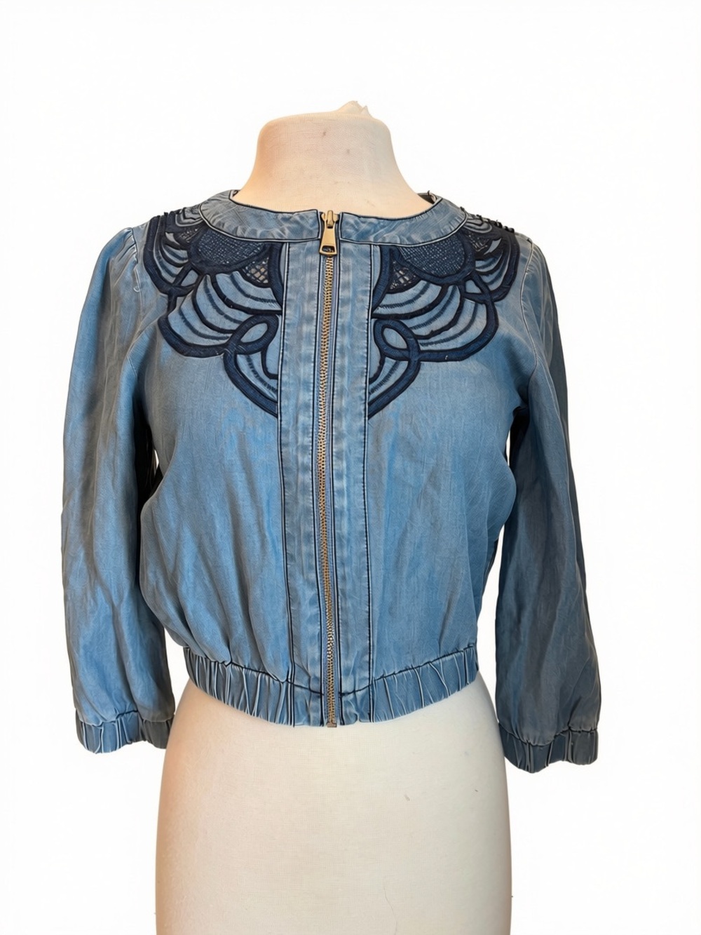 bebe Light Blue Embroidered Zip Bomber Jacket